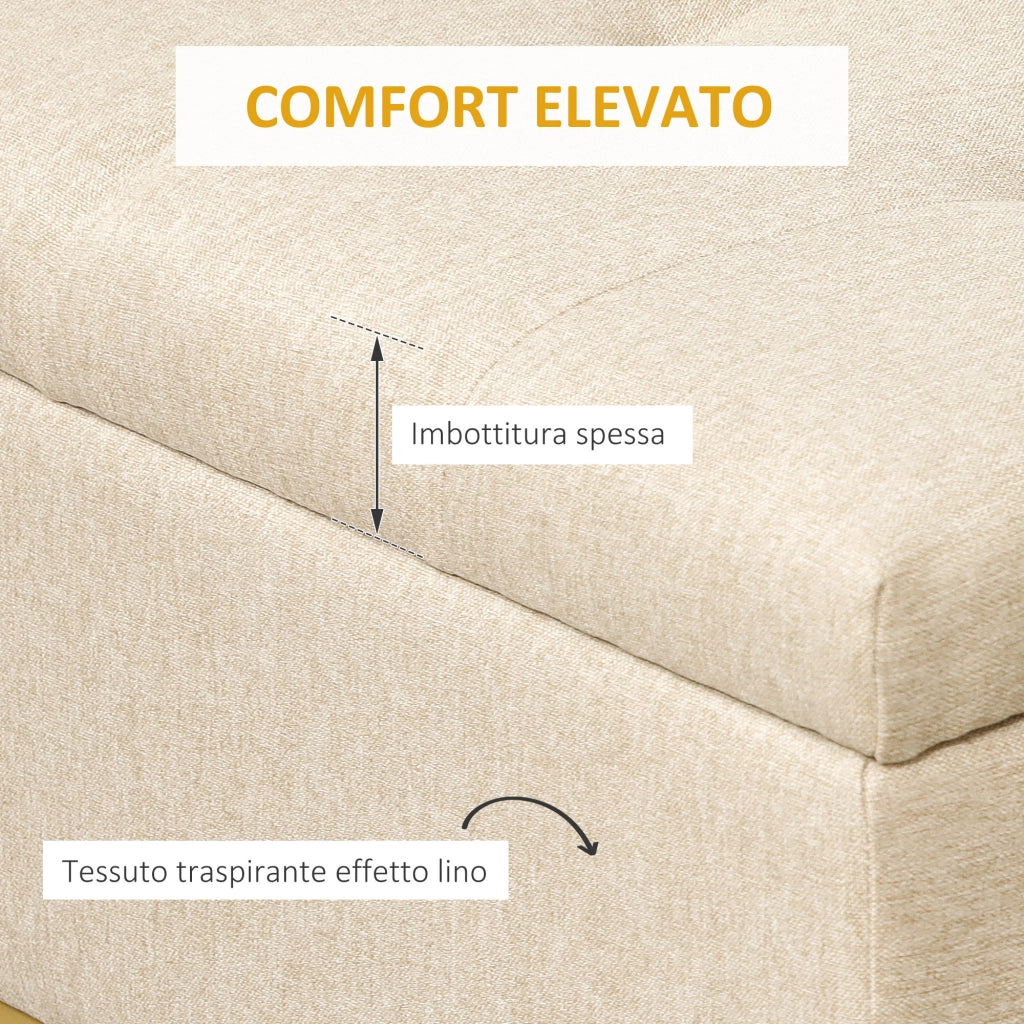 Panca con Contenitore in Poliestere Trapuntata con Gambe in Acciaio d'oro, 110x44x48cm, Beige
