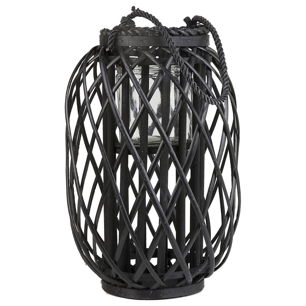 Lanterna in legno di salice Nero e vetro 40 cm Portacandele per interni ed esterni Boho scandinavo