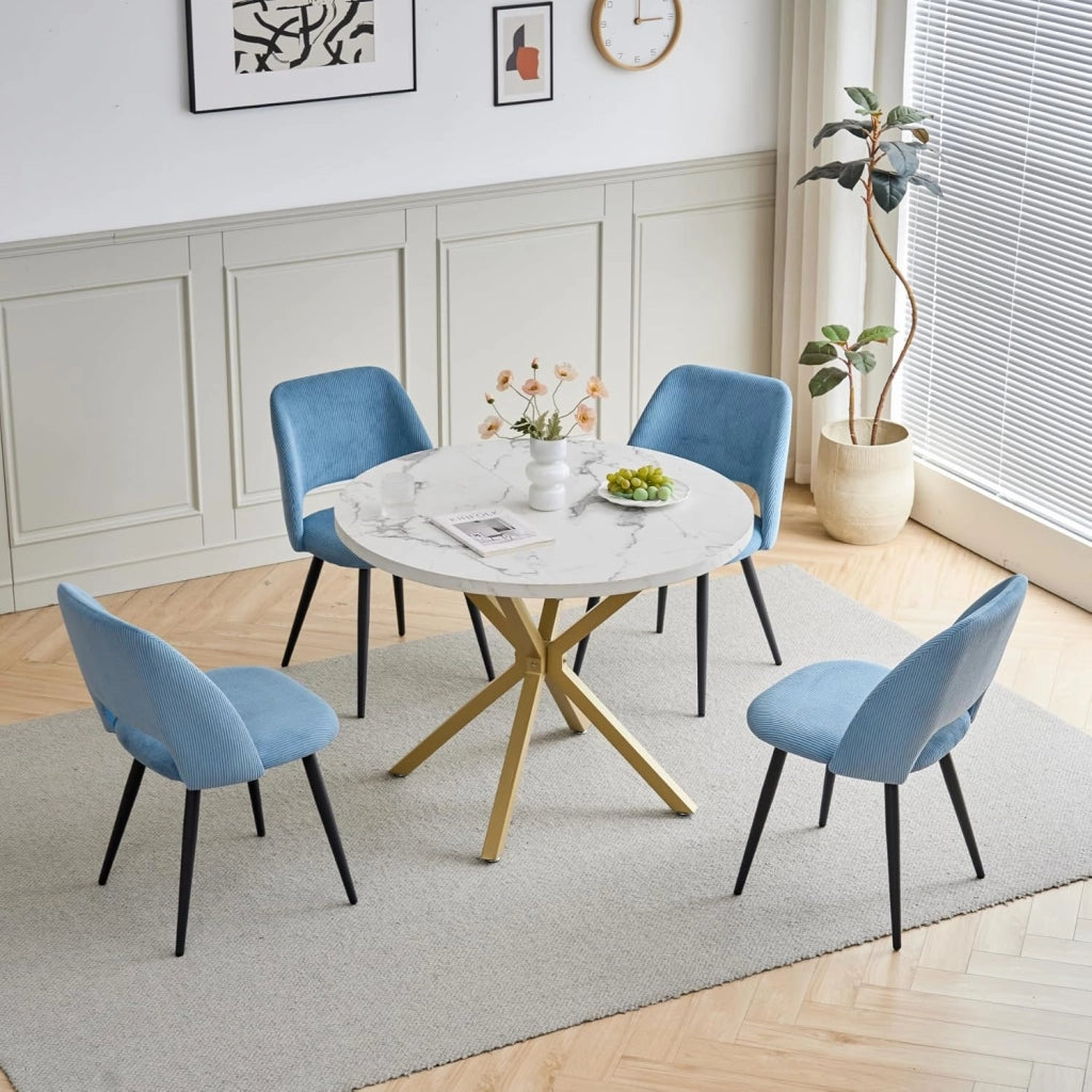 GrandCA HOME Set Tavolo e Sedie da Pranzo,Tavolo Rotondo Moderno da 100 Cm,4 Sedia da Pranzo In Velluto a Coste Traforato,adatto Per Cucina, Soggiorno, Caffetteria(Marmo Nero + Grigio)
