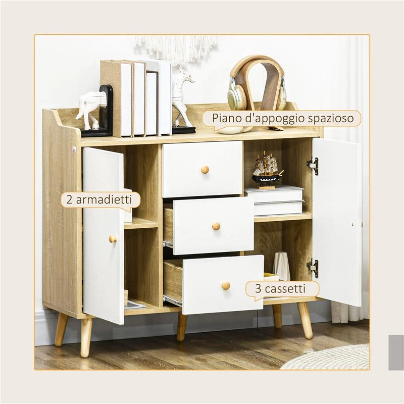 CREDENZA MODERNA IN TRUCIOLATO E LEGNO DI PINO CON 3 CASSETTI E 2 ARMADIETTI A 2 LIVELLI, 90X32X80A CM
