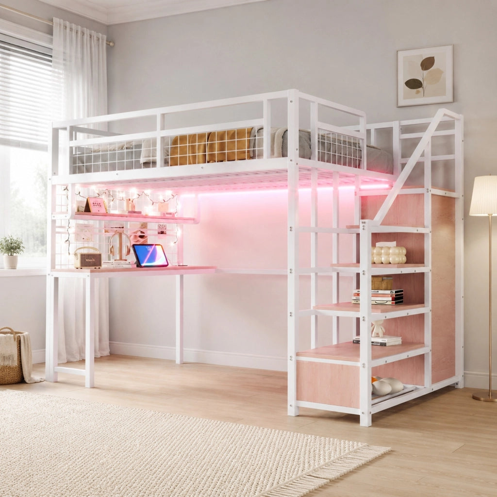Letto a soppalco 140x200 cm con scrivania; luci LED e prese; bianco