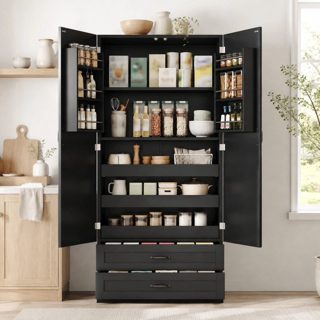 Mobile alto da cucina nero in MDF con ripiani estraibili