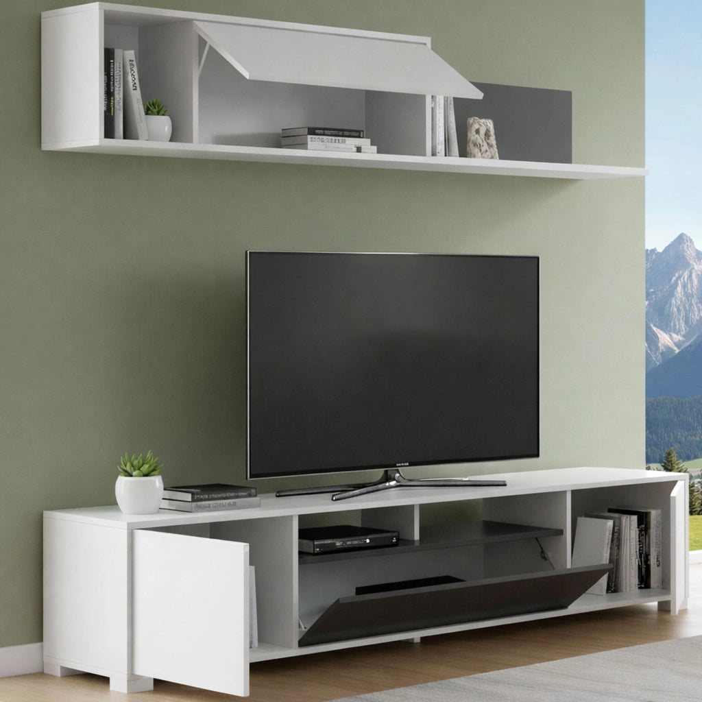 Parete attrezzata Abbete, Set da soggiorno porta TV, Mobile salotto multiuso, 200x41h180 cm, Bianco e Antracite