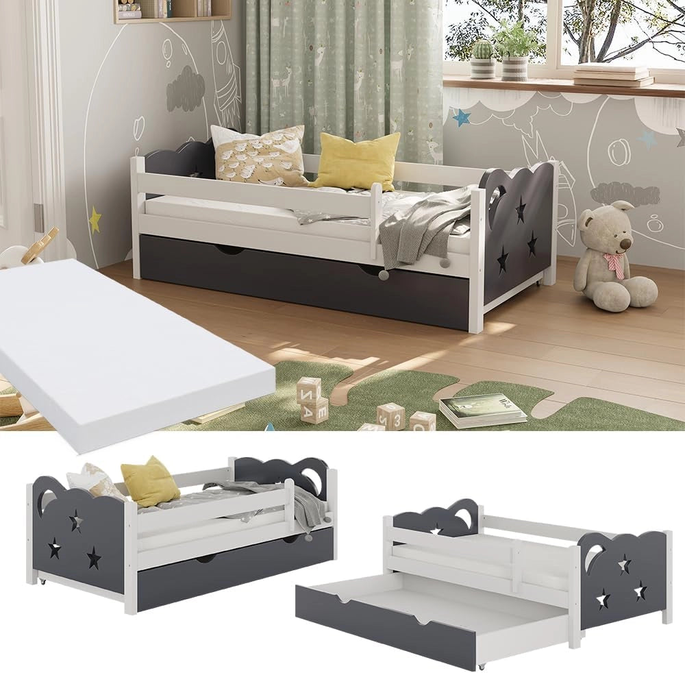 letto per bambini Jessica, Grigio, 70x140 cm con cassetto e materasso, estendibile come letto per ragazzi, combinabile con la serie Jessica