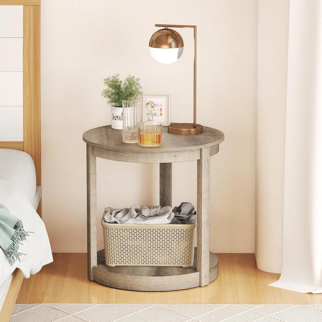 Tavolino Rotondo da Salotto, Tavolo da Caffè a 2 Livelli con Ripiano e Gambe in Legno di Gomma, Portata 160 kg, Tavolino in Legno per Soggiorno, Studio e Ufficio, 60,5 x 60,5 x 61 cm (Grigio)