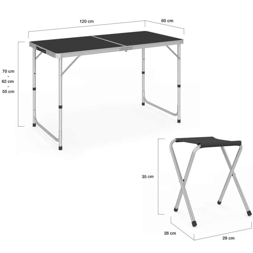 IDMarket - Tavolo da campeggio pieghevole regolabile in altezza da 120 cm e 4 sgabelli neri