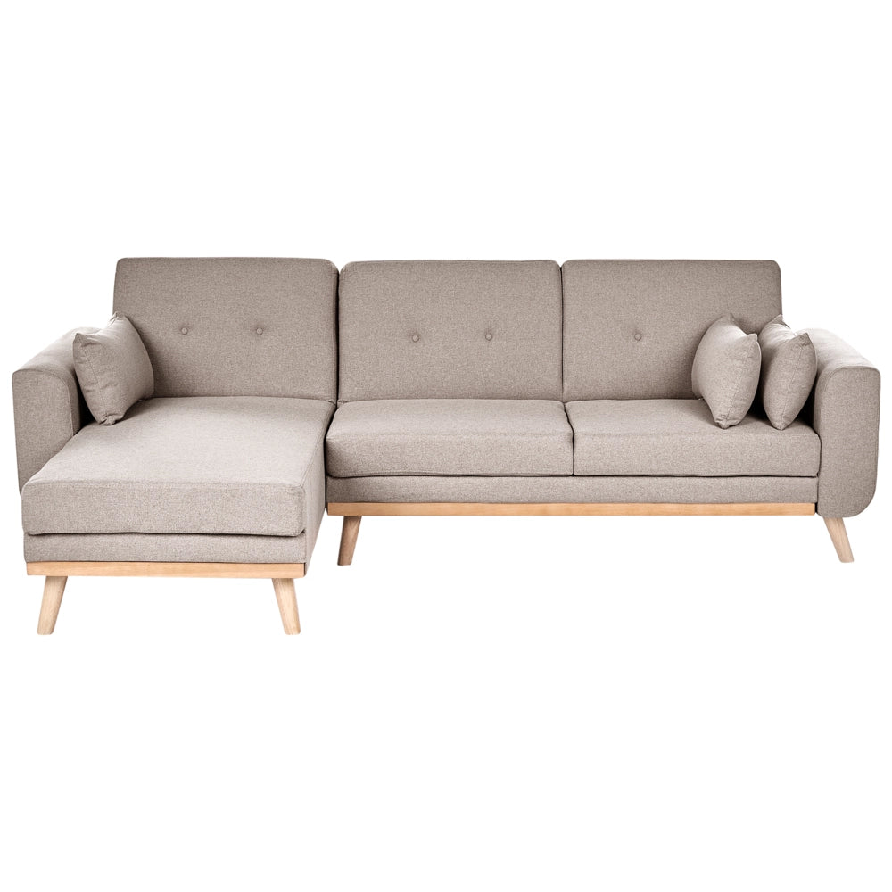 Divano Angolare ad Angolo Destro Beige in Tessuto Imbottito a L con Seduta Trapuntata Cuscini Decorativi e Funzione Letto