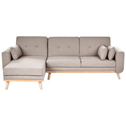 Divano Angolare ad Angolo Destro Beige in Tessuto Imbottito a L con Seduta Trapuntata Cuscini Decorativi e Funzione Letto