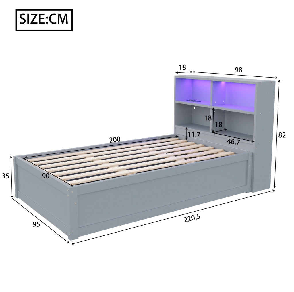 Letto multifunzione 90x200 cm grigio in legno con LED; presa integrata e 4 vani contenitore