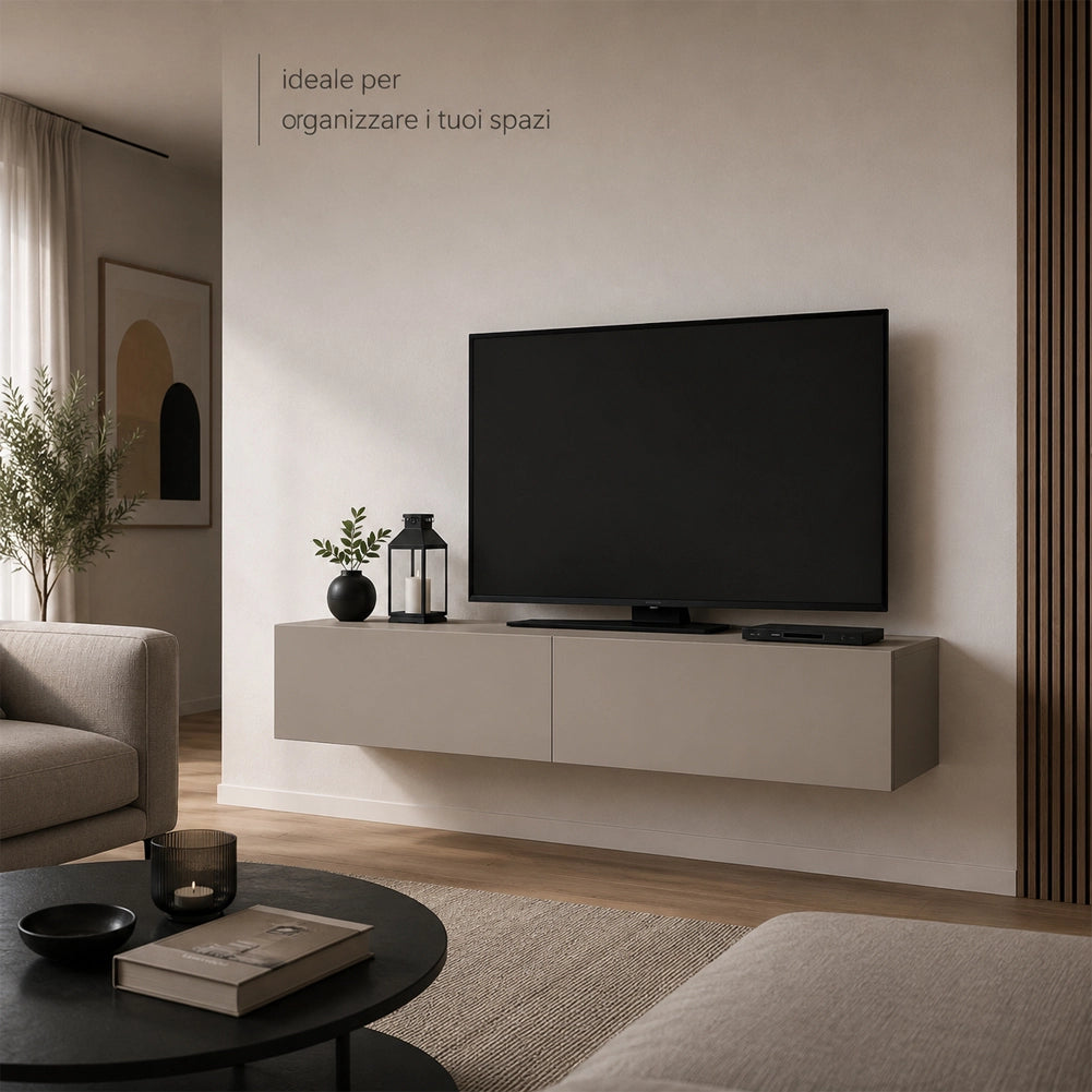 Mobile Porta Tv Sospeso da Salotto Mobiletto 2 Cassetti Sabbia 135x31.5x25cm