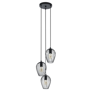 Lampadario A Sospensione Vintage Newtown Acciaio Nero 3 Luci E27