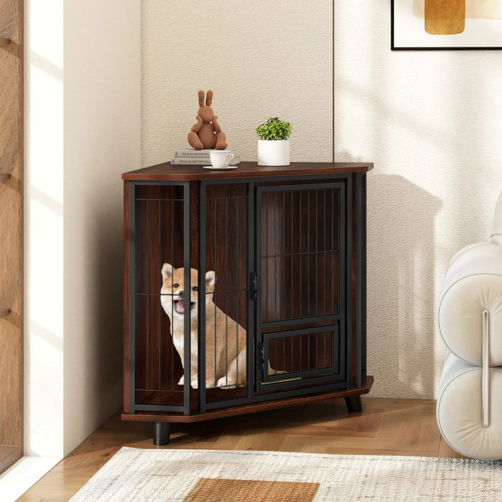 Cuccia per cani angolare con porta serrabile e ampio piano di lavoro, Gabbia salvaspazio con porta di alimentazione-Casette e lettini