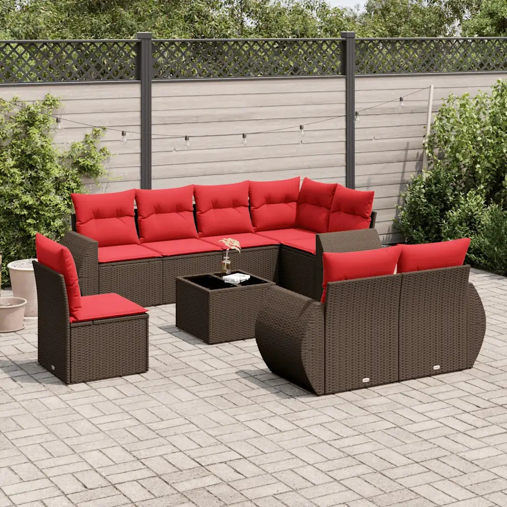 Set Divani da Giardino 9 pz con Cuscini Marrone in Polyrattan 3221653