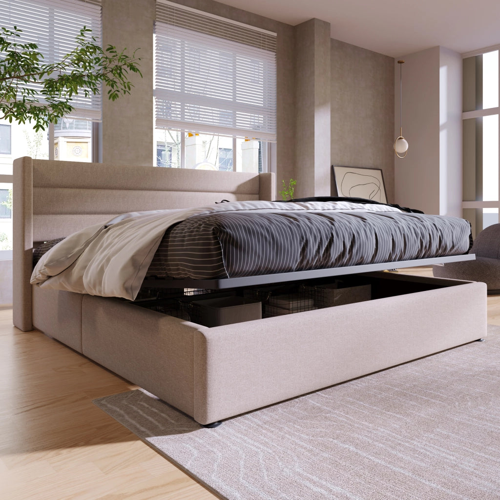 Letto matrimoniale idraulico – 180x200 cm – rete legno e metallo – lino beige