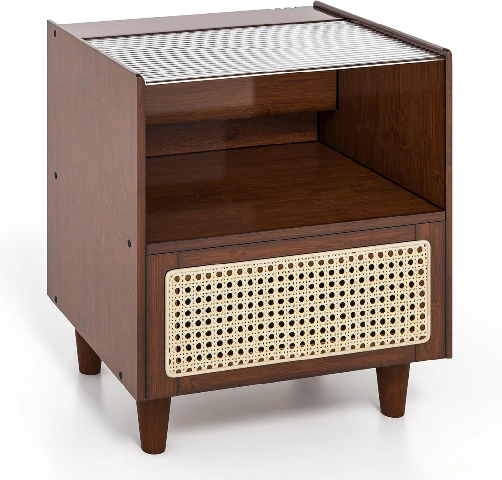 Comodino in Bambù e Rattan 43 x 35 x 50 cm, Tavolino Moderno con Piano in Vetro, Cassetto, Mobile Salvaspazio per Ufficio e Soggiorno (1, Marrone)