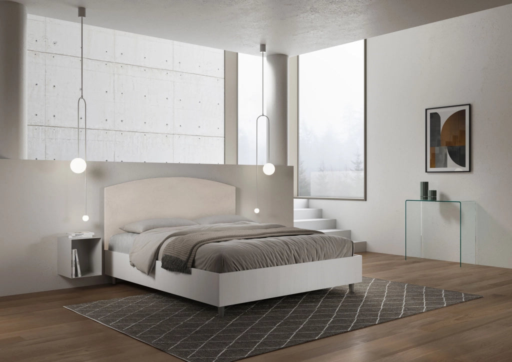 BS COM Letto matrimoniale contenitore 160x190 bianco frassino testata microfibra sabbia