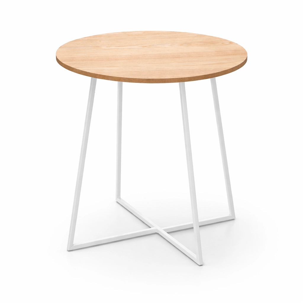 Tavolino da Salotto Tondo 40x40 Moderno Struttura Metallo Bianco Piano in Legno