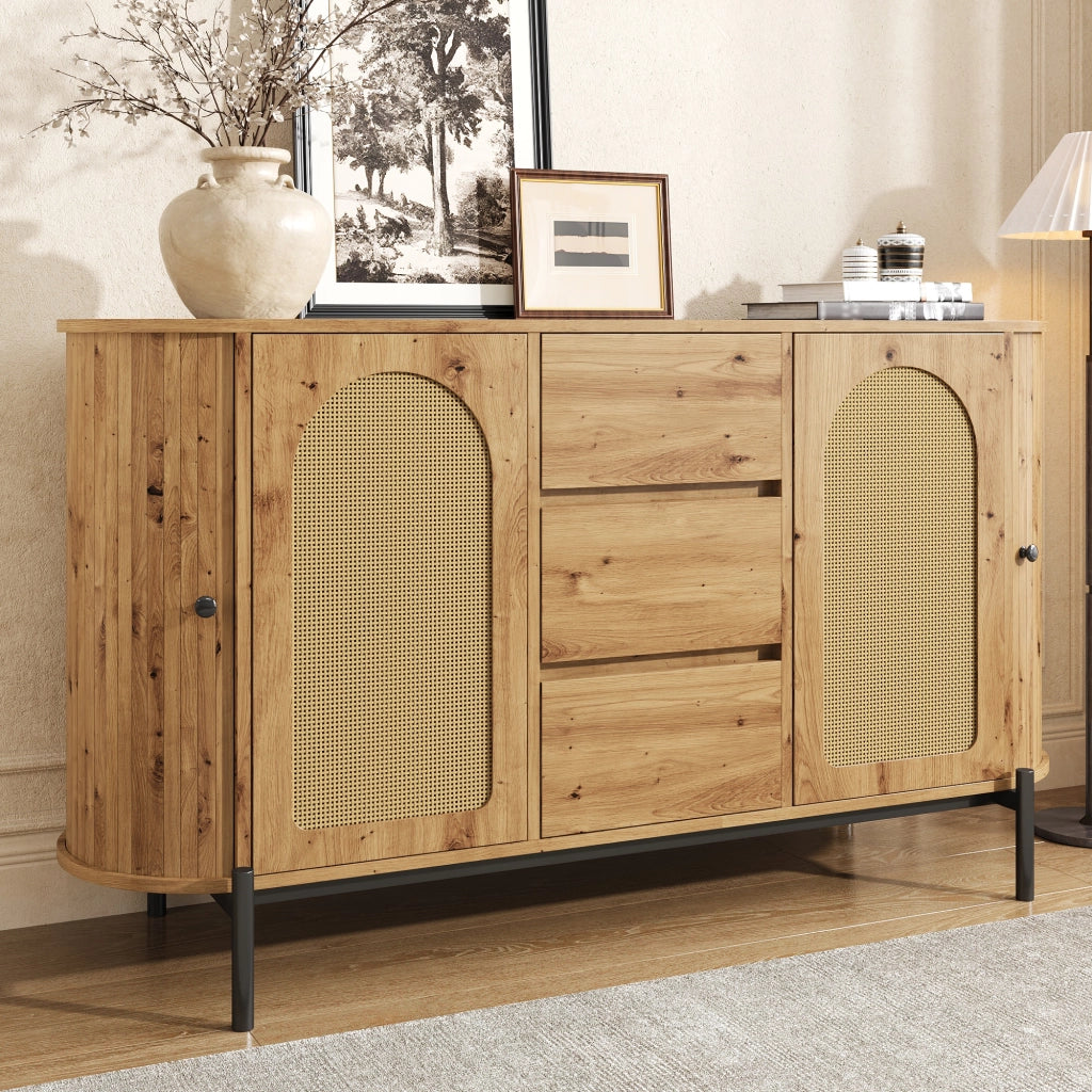 Credenza Ovale con Rattan ¨C Xylo ¨C Ante Scorrevoli, Cassetti, Ripiani, Effetto Legno, Gambe in Metallo