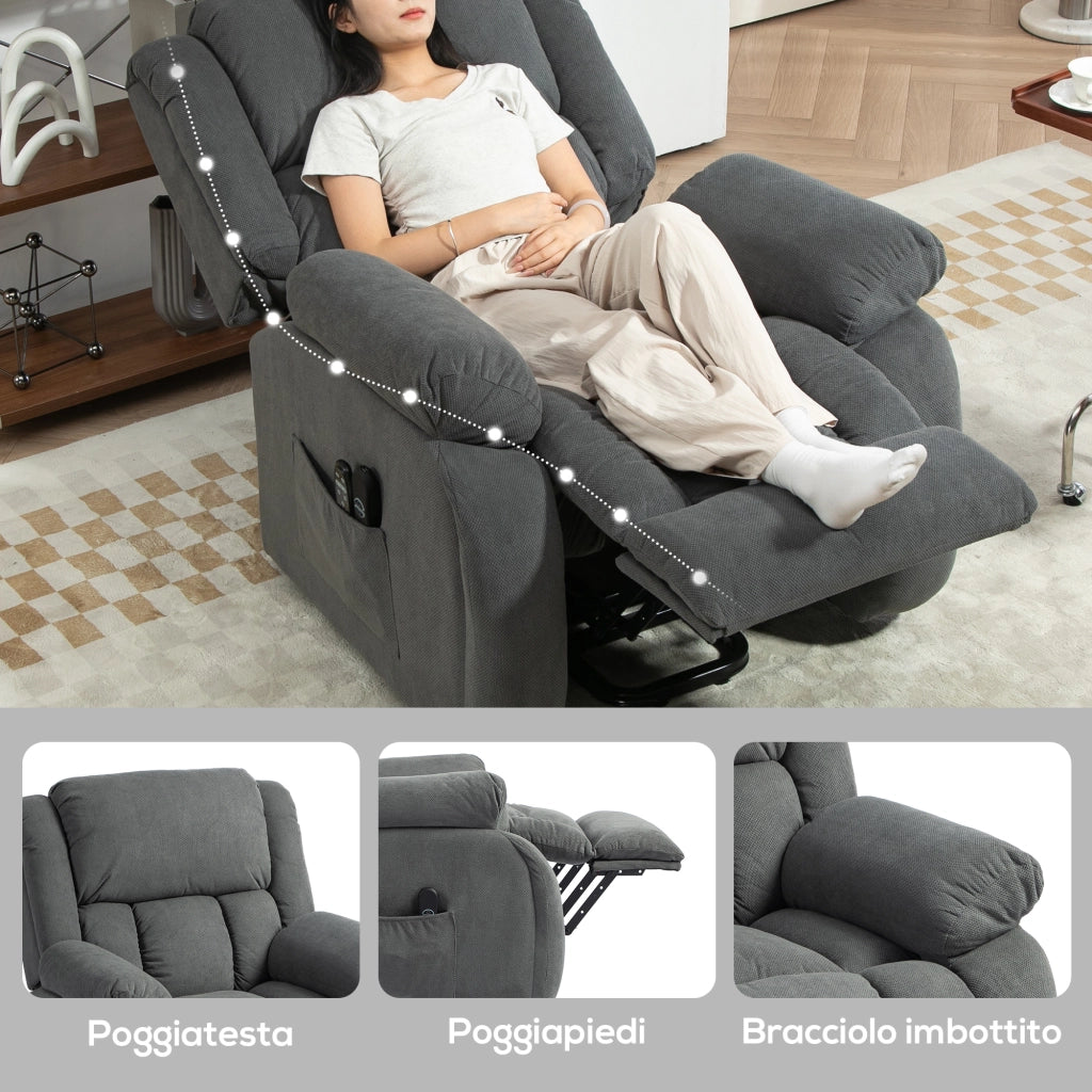 Poltrona Alzapersona Massaggiante e Reclinabile con 2 Tasche e Telecomando, 93x104x105 cm, Grigio