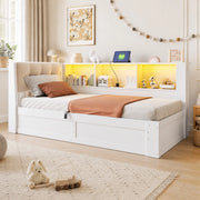 DESMIU Letto Divano 90 × 200 cm 1 posto con contenitore idraulico, USB, mensola e LED, senza materasso, bianco