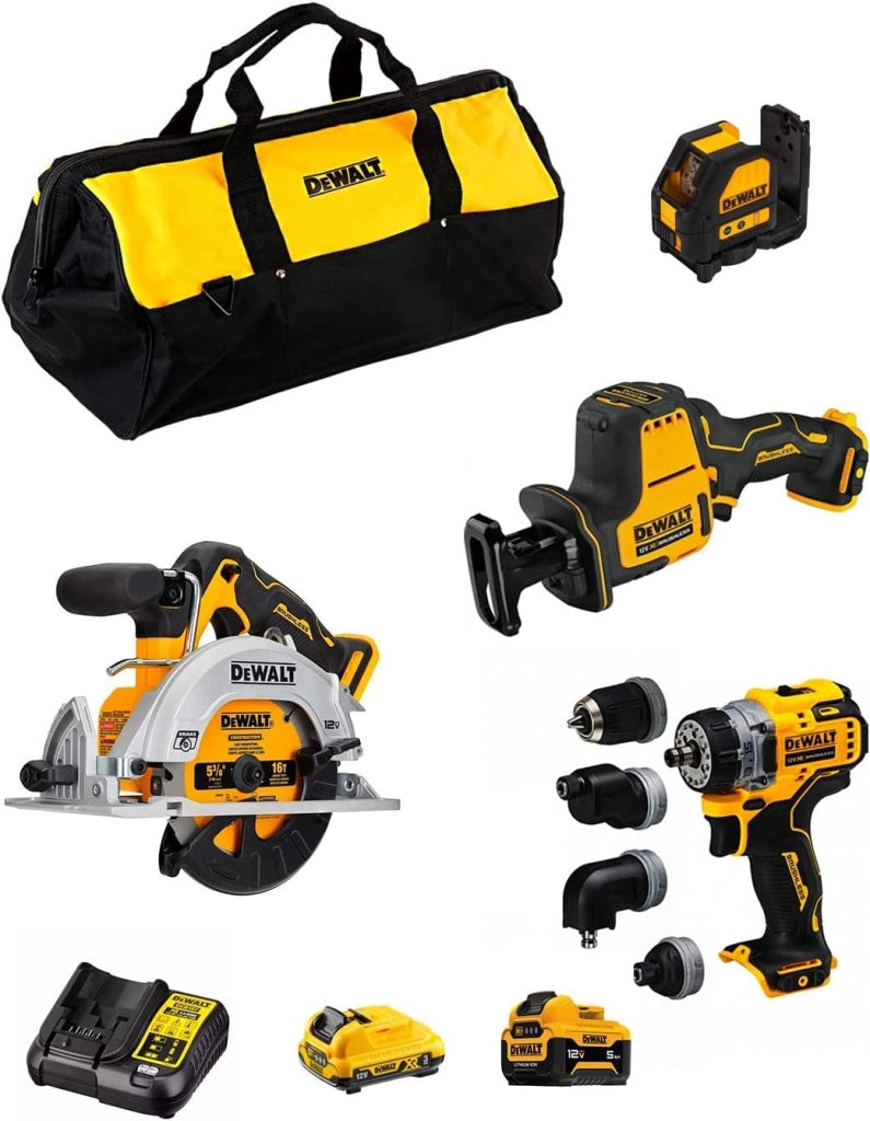 Kit D12K404 (DCS512 + DCS312 + DCD703 + DCE088 + 1 batteria 3,0 Ah + 1 batteria 5,0 Ah + caricabatterie + Borsa)