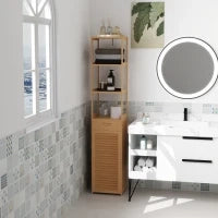 kleankin Mobile Bagno Alto in Bambù con 3 Ripiani Aperti, un Cassetto e un Armadietto, 32x30x163 cm, color Legno