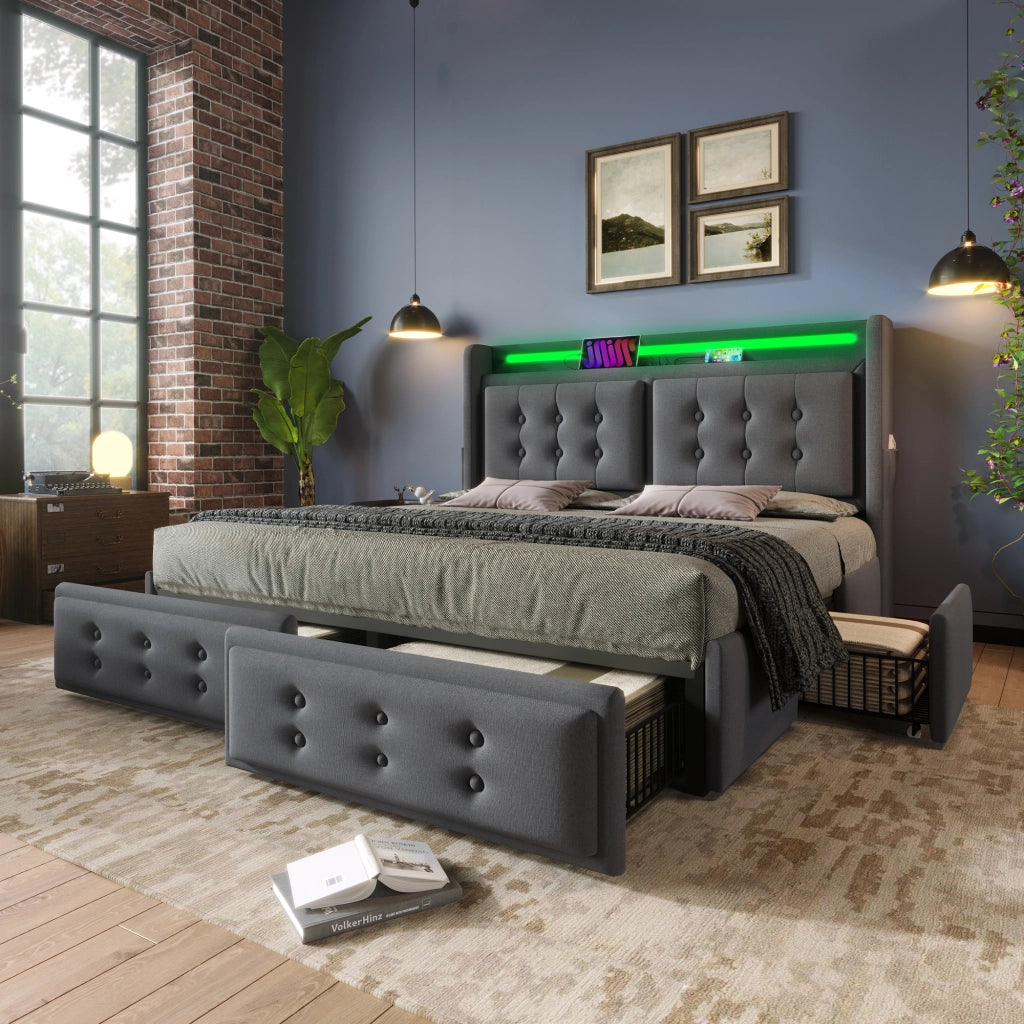 LETTO matrimoniale 140x200 cm in cotone-lino grigio con 4 cassetti e LED