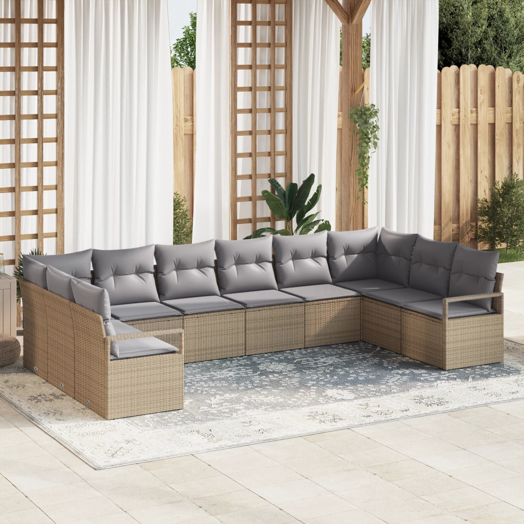 Set Divano da Giardino da 10 Pezzi con Cuscini Beige in Polyrattan