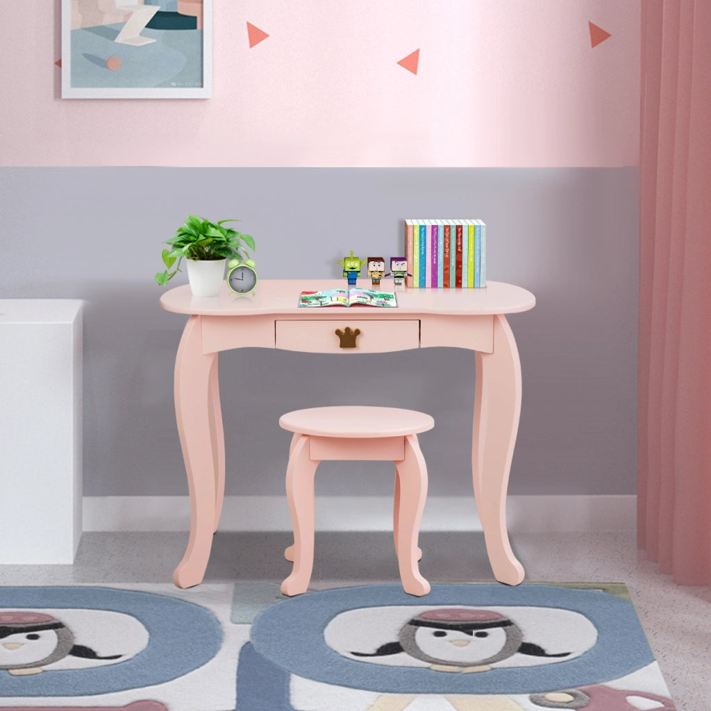 Set toeletta e sedia per bambine con cassetto, Toeletta 2 in 1 con superficie smontabile, Rosa-Toelette per bimbi