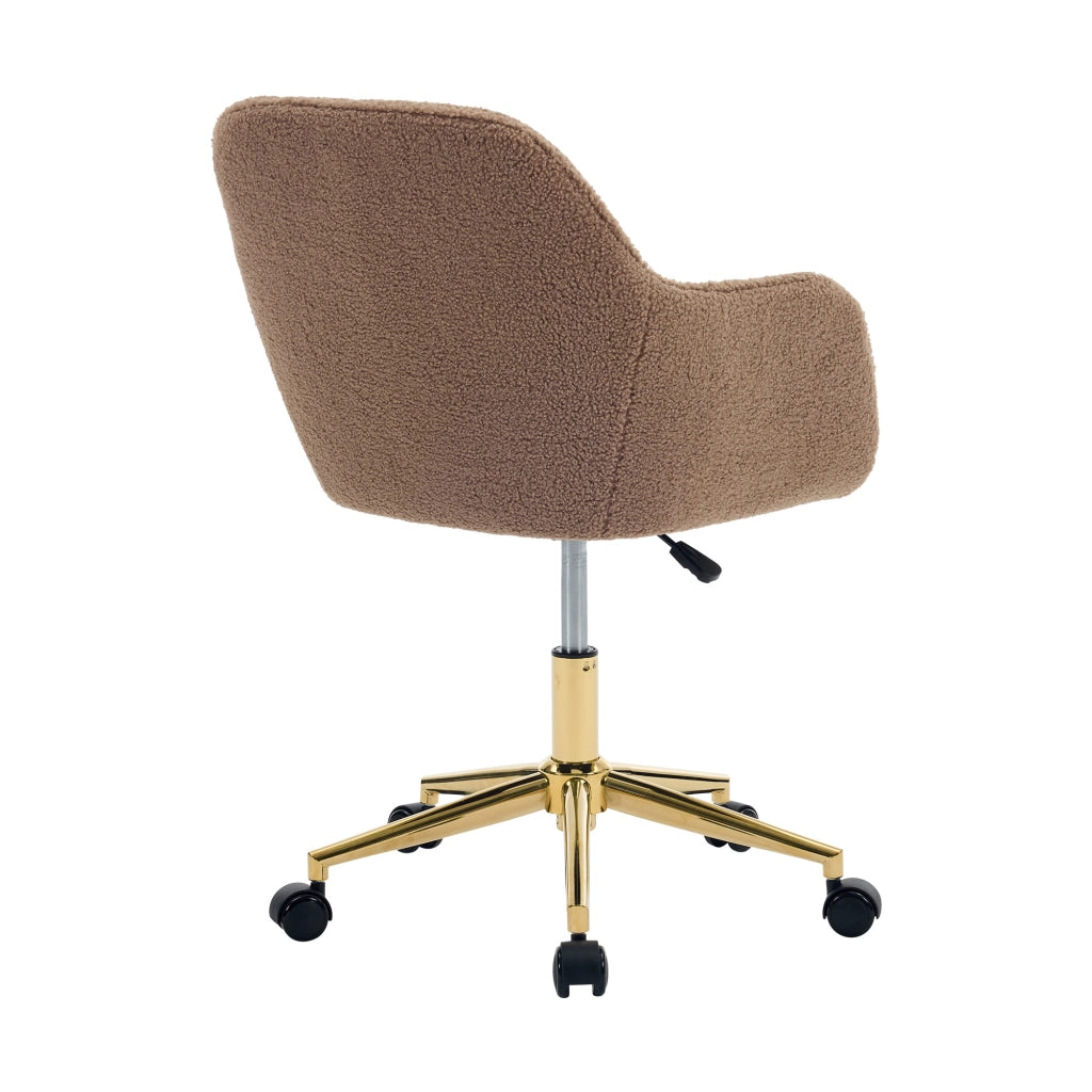 Sedia girevole da ufficio in tessuto Teddy marrone, regolabile in altezza, 360°, con base dorata e ruote universali