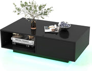 Tavolino da Salotto in Legno, Tavolino Moderno e Rettangolare con 20 Colori di Luci a LED, Telecomando, Cassetto e Ripiano Aperto, Tavolino per Studio e Ufficio (Nero)