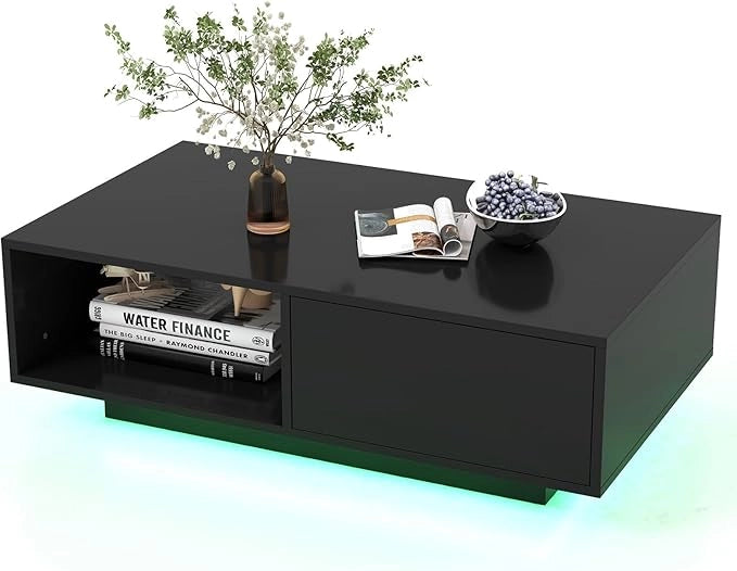 Tavolino da Salotto in Legno, Tavolino Moderno e Rettangolare con 20 Colori di Luci a LED, Telecomando, Cassetto e Ripiano Aperto, Tavolino per Studio e Ufficio (Nero)