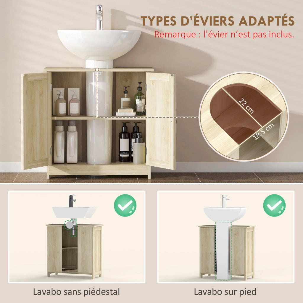 Mobile sottolavabo bagno con 2 ante e ripiano, 60x30x60 cm, chêne