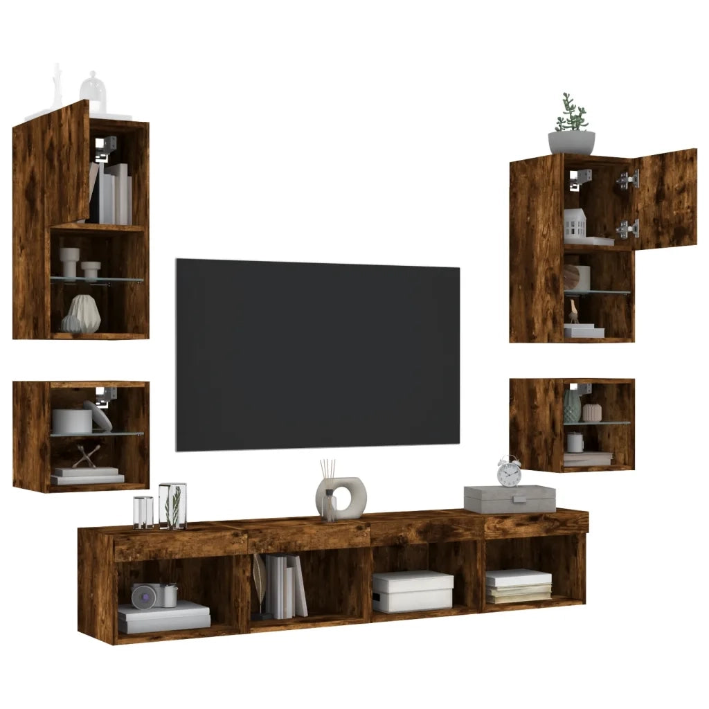 Mobili TV a Muro con LED 8pz Rovere Fumo in Legno Multistrato 3216594