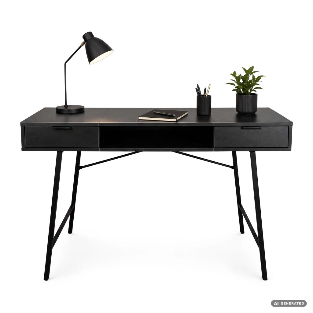 Scrivania industriale per computer Nera ARDEN 120 cm 2 cassetti 1 ripiano gambe nere
