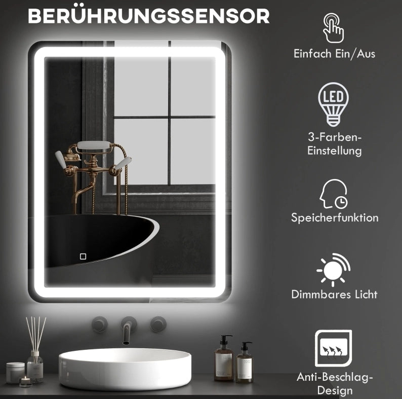Specchio bagno LED 70x90 cm con touch, antiappannamento e IP44