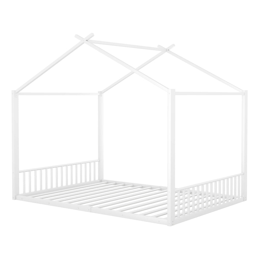 Letto a casetta 140x200 cm in metallo bianco, senza materasso, per cameretta bambini
