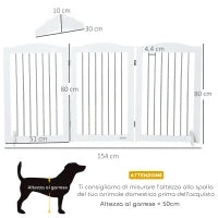 Cancellino per Cani Pieghevole a 3 Pannelli in Legno e Acciaio, 154x30x80 cm, Bianco