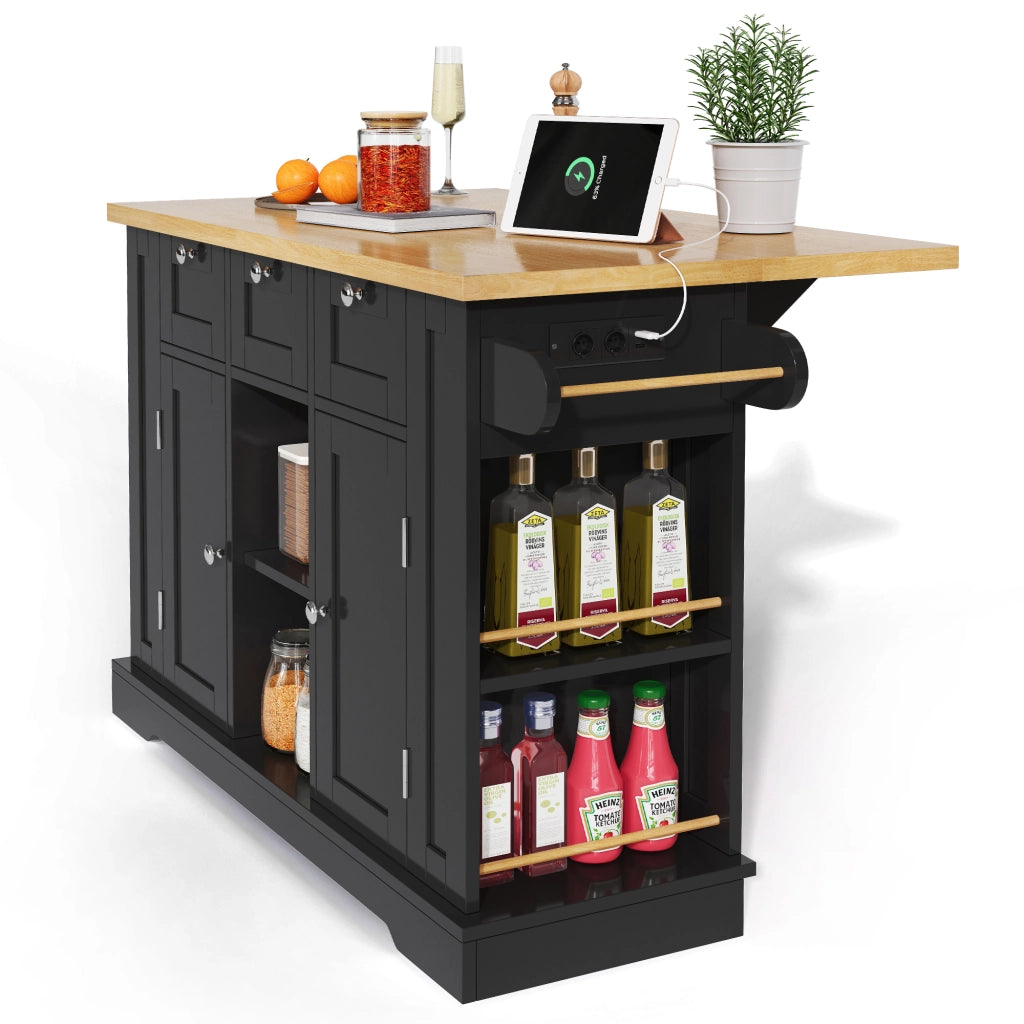 Isola da Cucina Mobile 132x40/70x87 cm Nero e Legno con Piano Ribaltabile; 3 Cassetti; Prese USB e Ruote