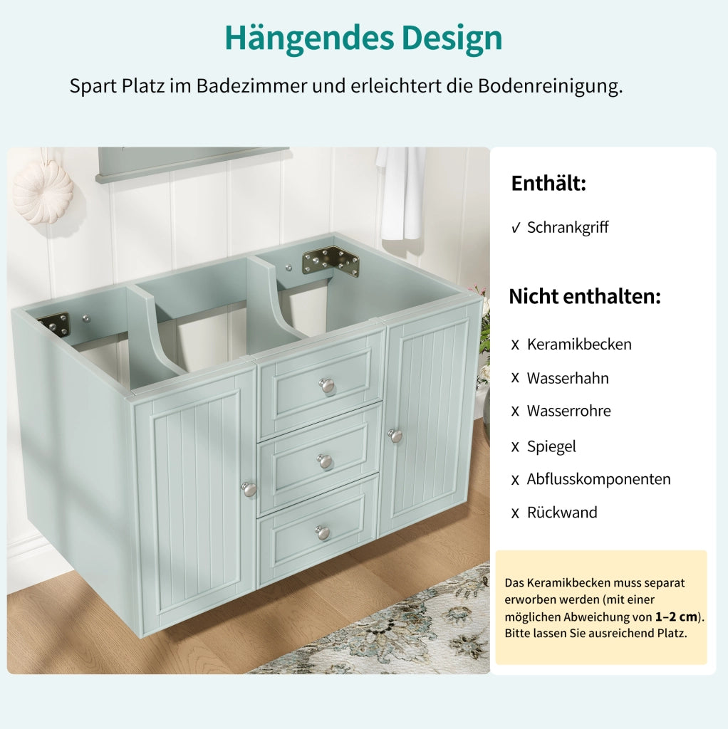 Mobile sospeso verde per lavabo con cassetti e vano laterale 78,5 cm