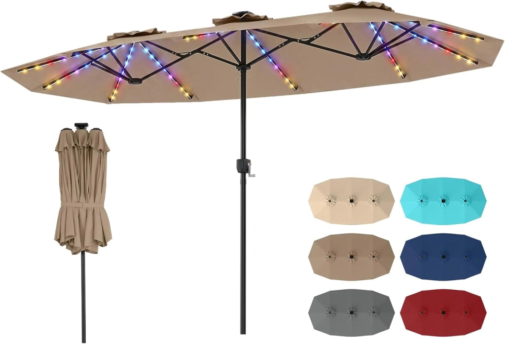 Ombrellone da Giardino Doppio 400 X 210 cm, con Luci LED Regolabile, Manovella, Pannello Solare, Anti-UV, 12 Stecche Metalliche, per Terrazza, Piscina e Cortile