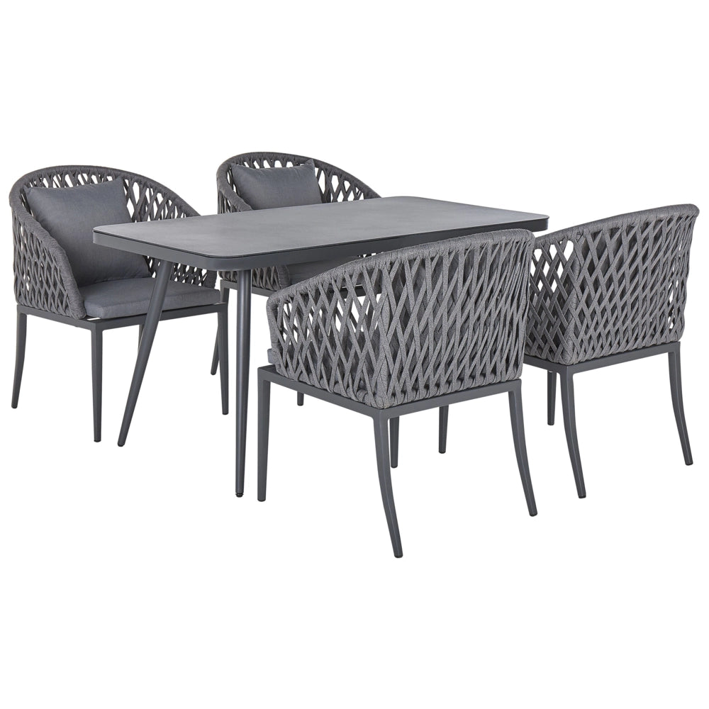 Set da pranzo da giardino 4 posti in metallo grigio alluminio finitura opaca tavolo da esterno 4 sedie cuscini moderno