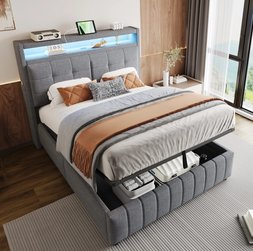 Letto matrimoniale imbottito 140x200 cm con LED e USB grigio