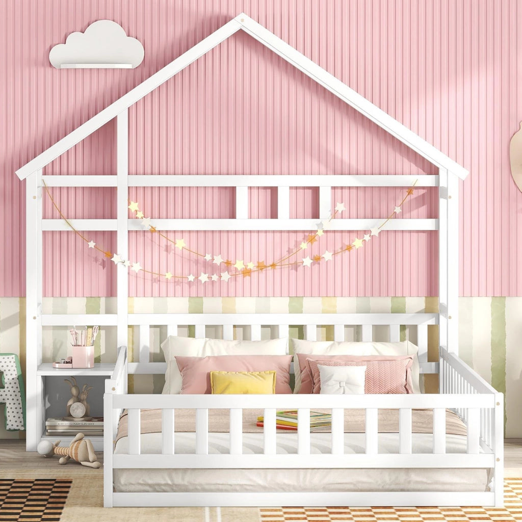 OKWISH Letto a Casetta 140×200 cm, Letto Matrimoniale con Sponda 31 cm e Comodino, senza Materasso, in Pino, Bianco