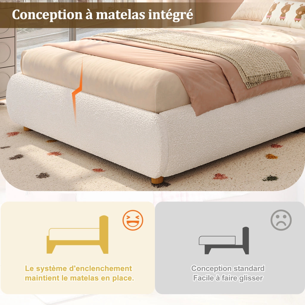 OKWISH Letto Contenitore 90×200 cm, Letto Singolo con Contenitore, Testiera Imbottita e Rete Inclusa, senza Materasso, Bouclé Beige