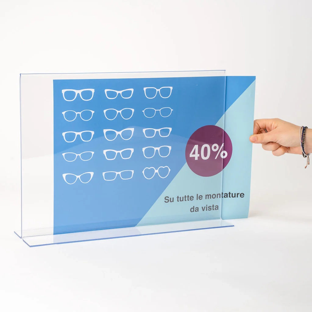 Porta avvisi con base a T da banco Bifacciale - A5 verticale