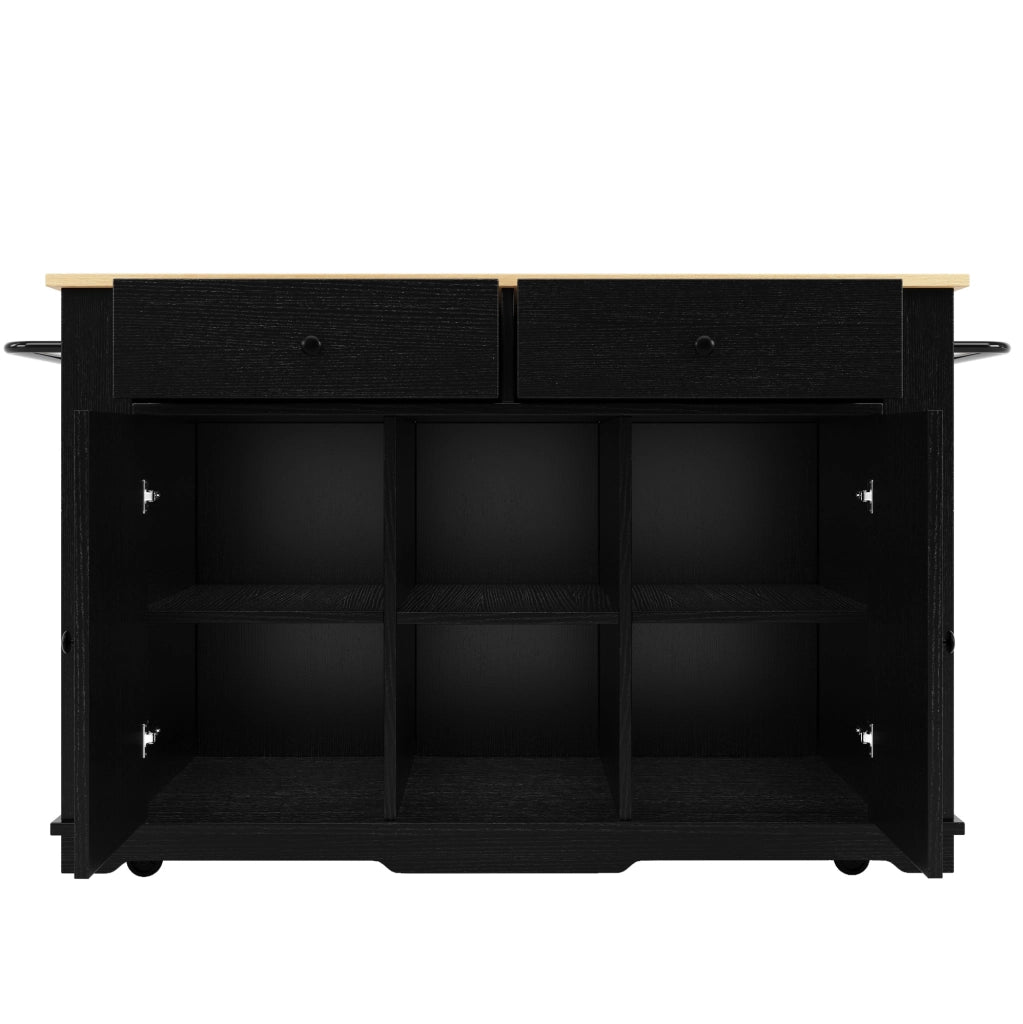 Isola da cucina pieghevole con prese; 2 cassetti e 6 vani; MDF e metallo; nero/naturale