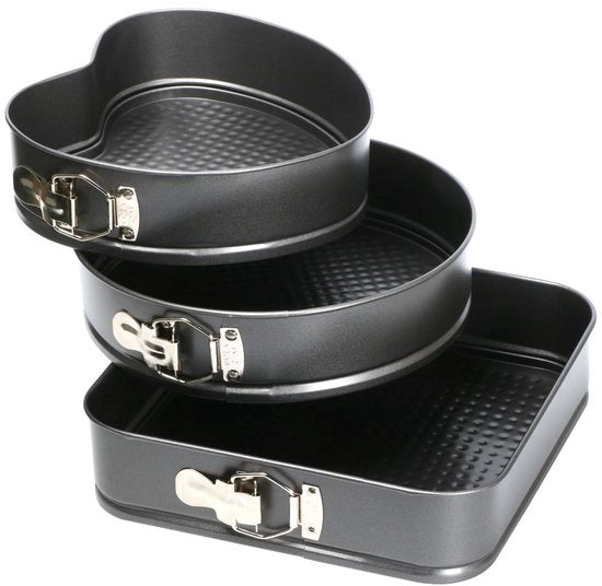 Set di Forme per Torte da 3 - Ronde/Quadrata/Cuore - Smaltimento Antiforfora - Facile da Pulire - Chiusura Pratica - Forme per Torta