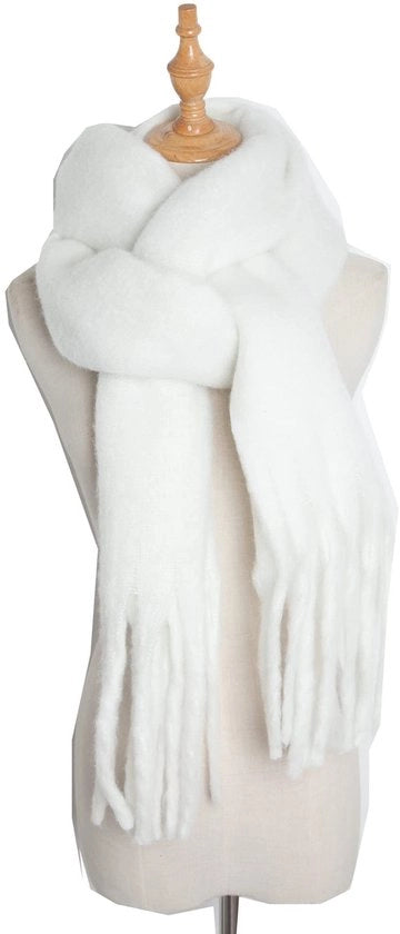 Sciarpa in lana di inverno per donna - Sciarpa morbida - Sciarpa lunga con frange - Bianca - Sciarpa spessa per coprire il collo - Ideale per mesi freddi