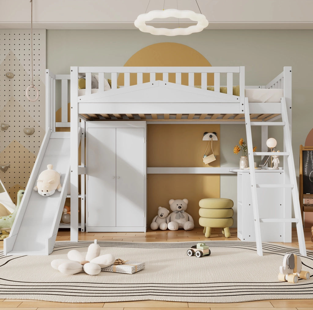 Letto a soppalco per bambini 90x200 cm bianco con scivolo, scrivania e armadio